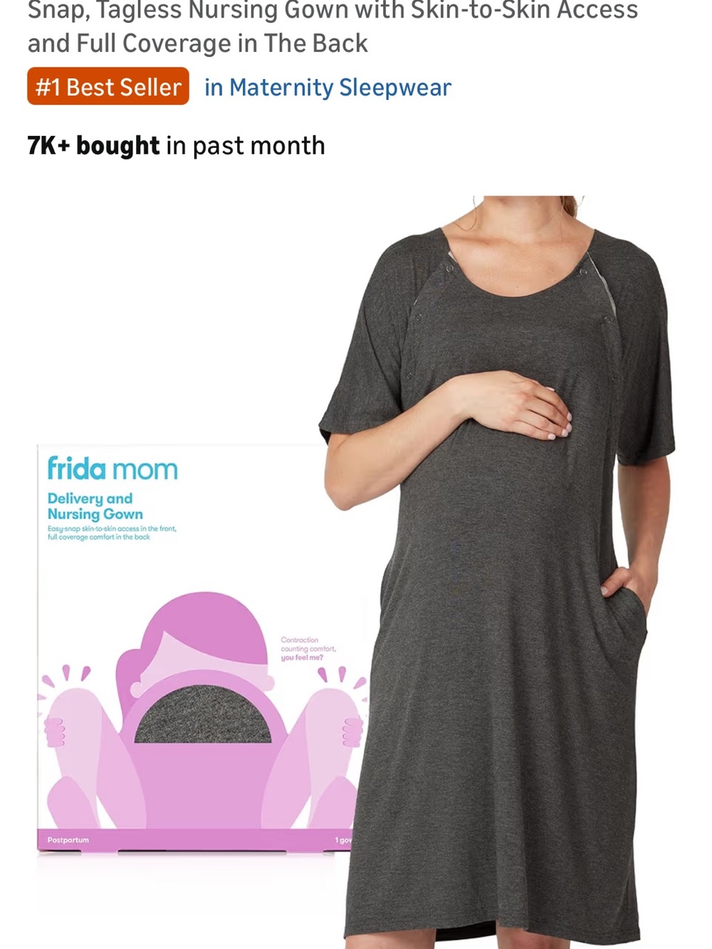 Frida Mom Charcoal Short-Sleeve Nursing & Delivery Gown